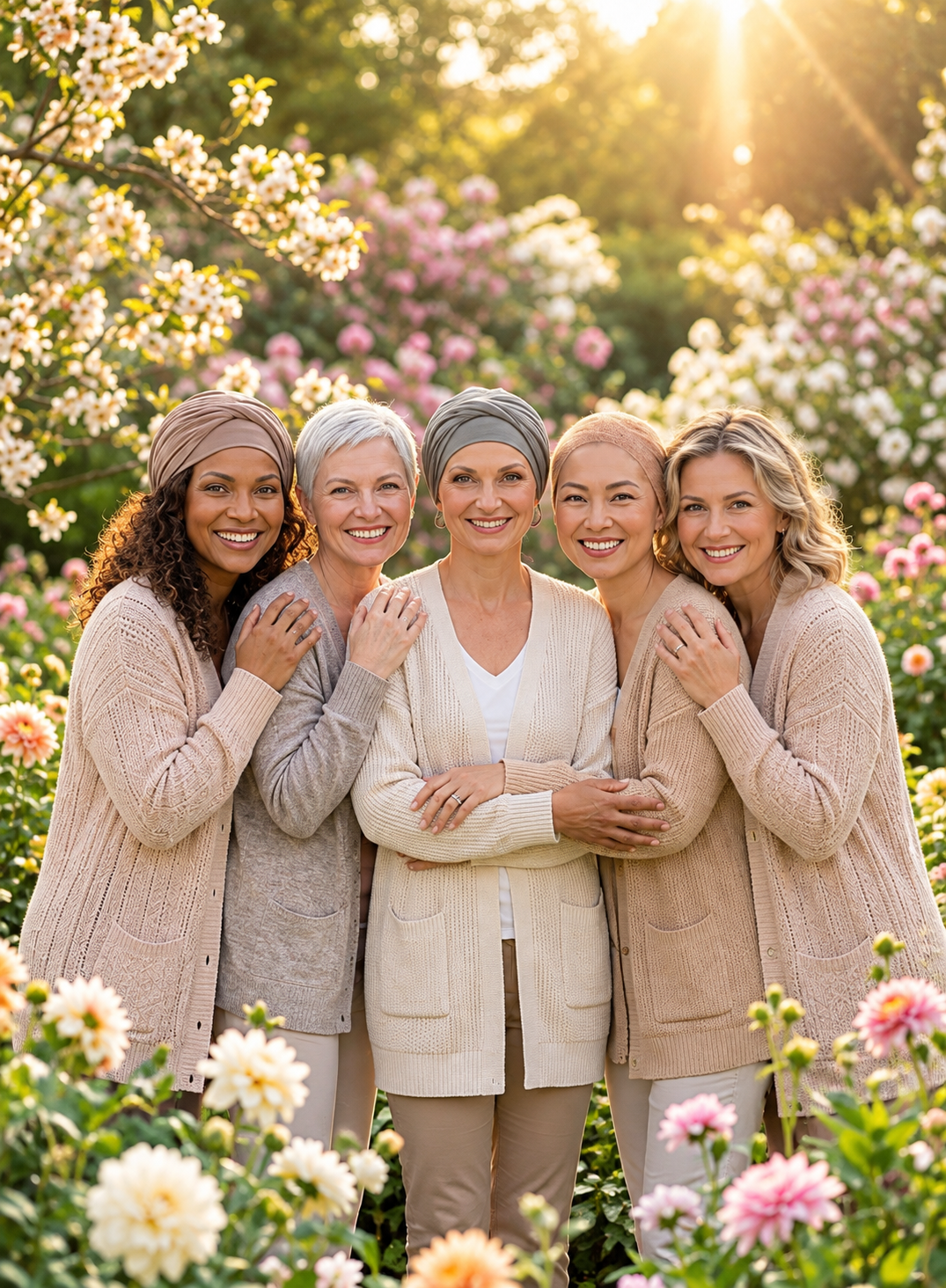 Groupe de femmes solidaires souriantes, avec et sans turban – box bien-être cancer Forces de Femme pour toutes