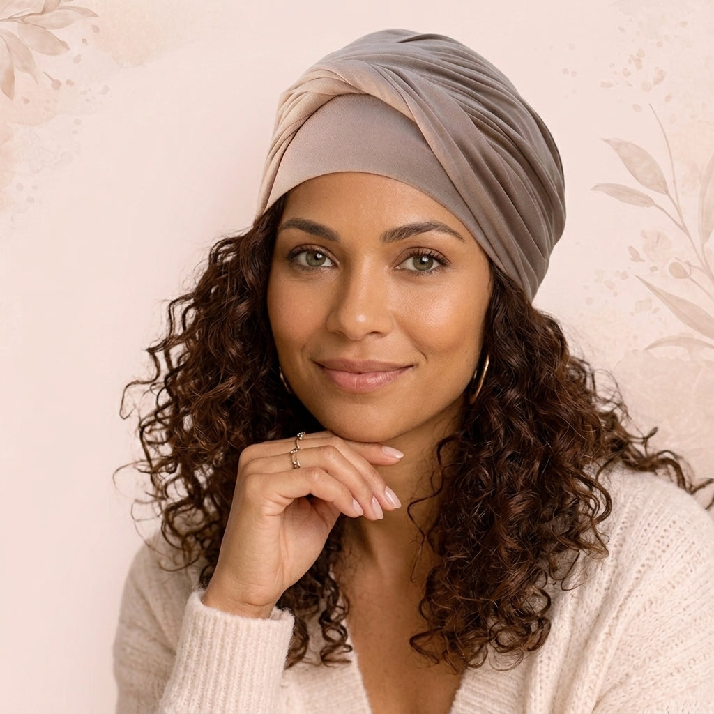 Femme aux cheveux bouclés portant le turban bambou noisette Forces de Femme – pour toutes les femmes, avec ou sans perte de cheveux